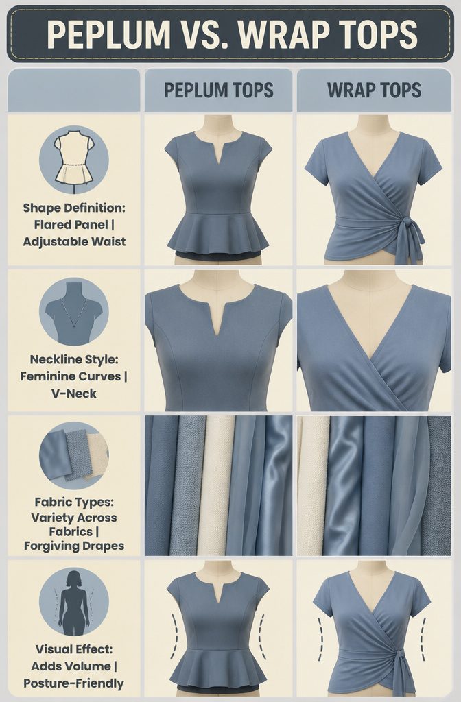 Comparison image of peplum and wrap tops for different body shapes.