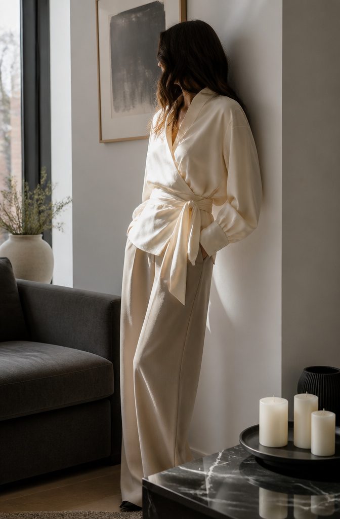 Model in a wrap shirt and natural waist in a chic studio.