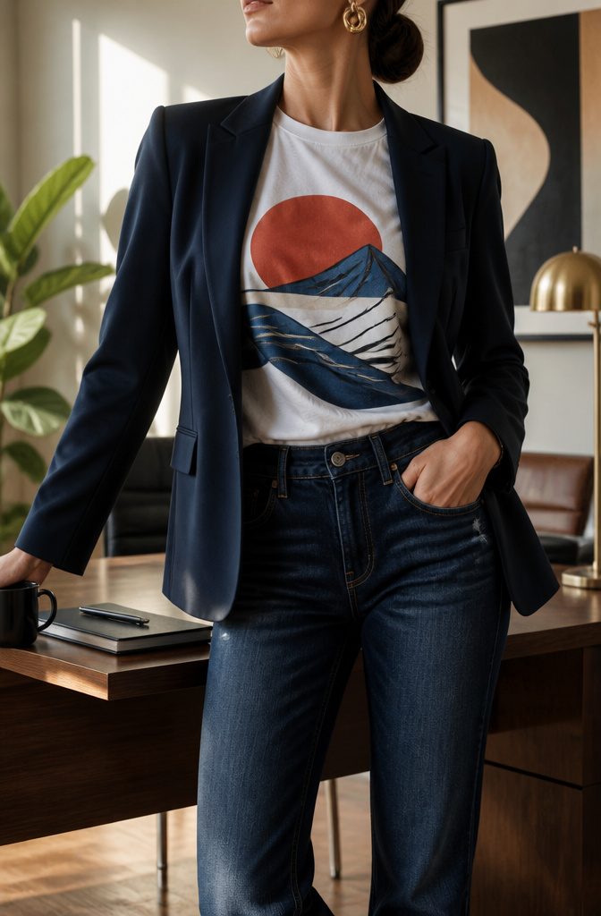A woman wearing a blazer over a graphic tee with dark jeans.