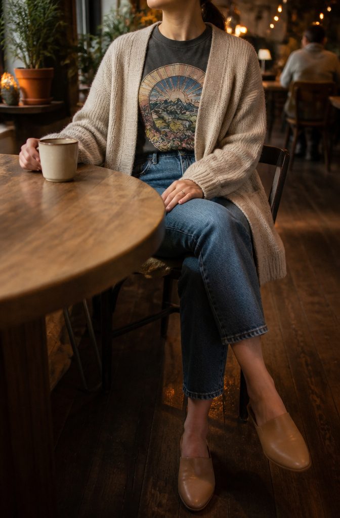 A person wearing a cardigan over a graphic tee in a café.
