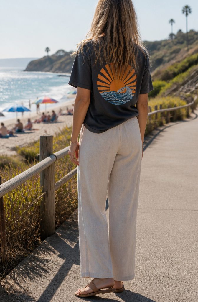 A person in linen pants and a graphic tee by the coast.