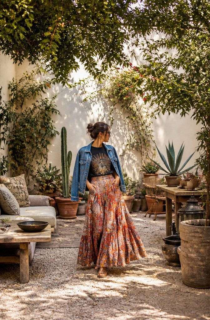 A woman in a graphic tee and a maxi skirt against a neutral backdrop.