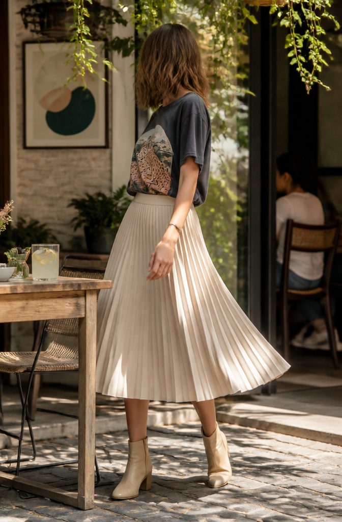 A woman in a pleated midi skirt and a tucked graphic tee at a café.