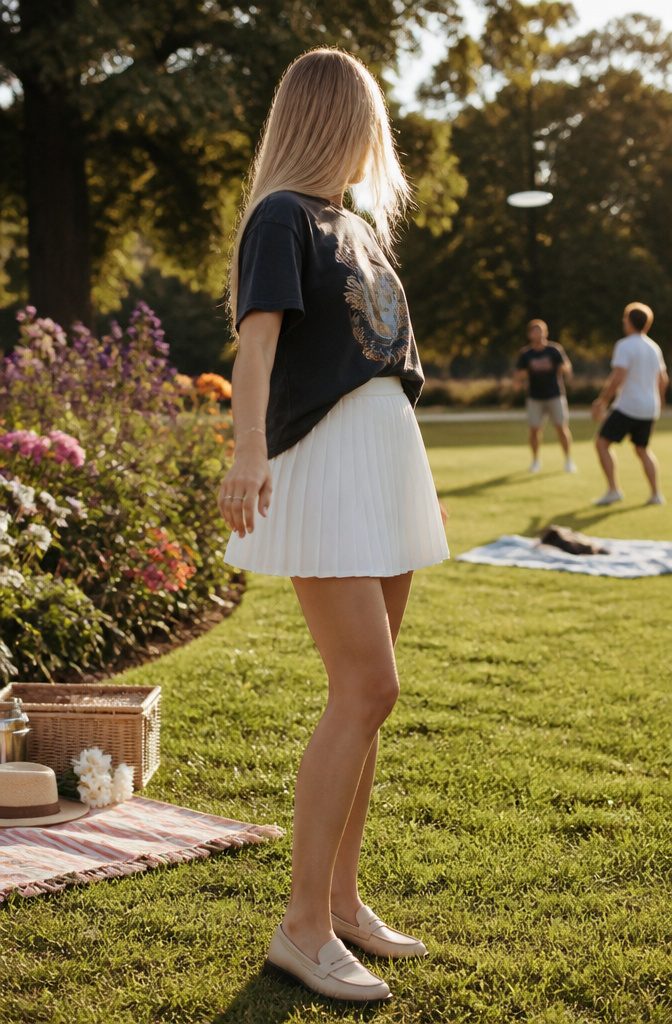 A woman wearing a pleated tennis skirt and a graphic tee in a park.