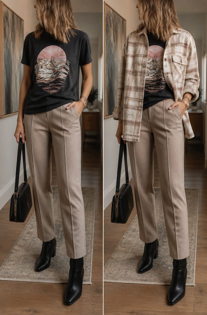 A woman in a blazer over a graphic tee, keeping the design visible.