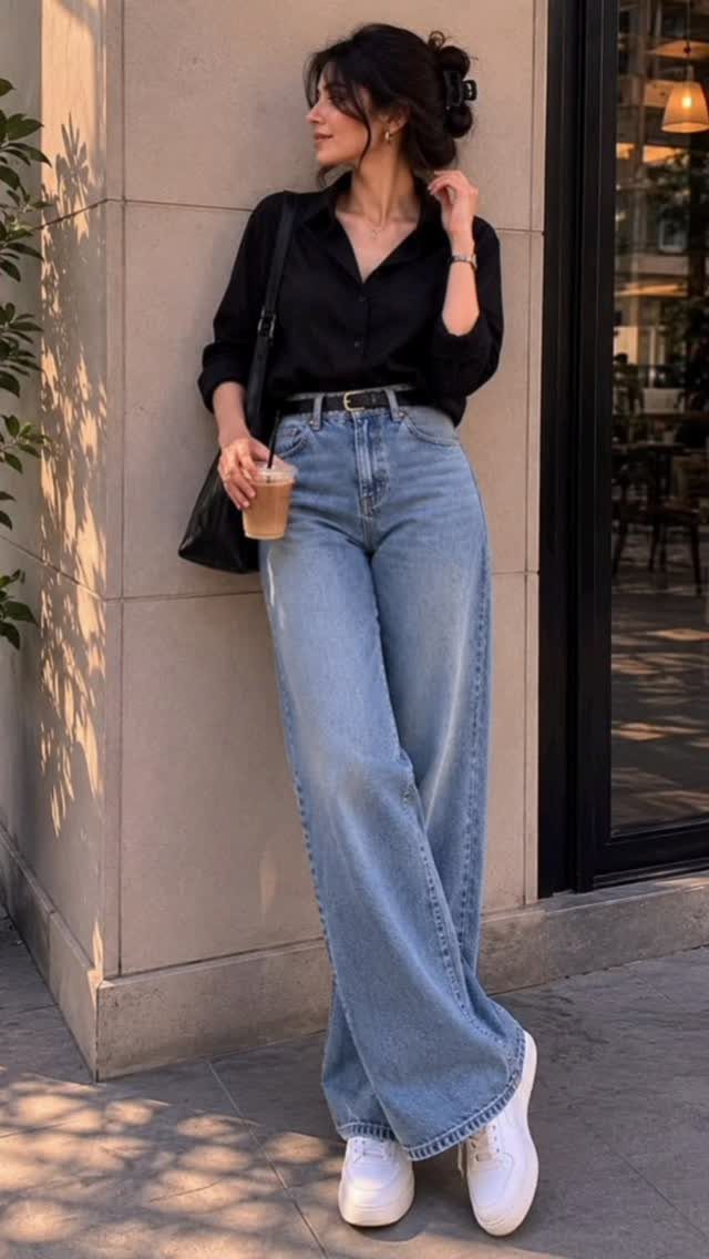Woman in a black button-down shirt and high-waisted light blue jeans standing outdoors.