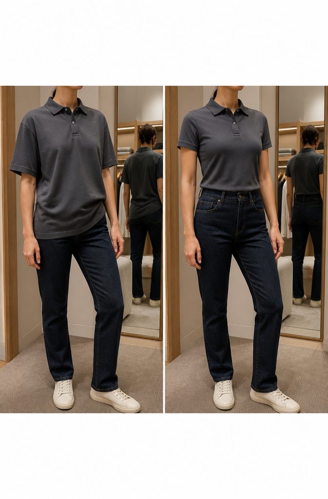 A model demonstrating the proper fit of a polo shirt.