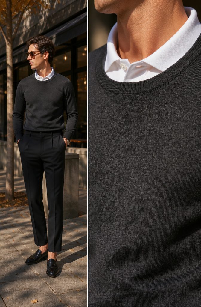A model in a sweater layered over a polo shirt.