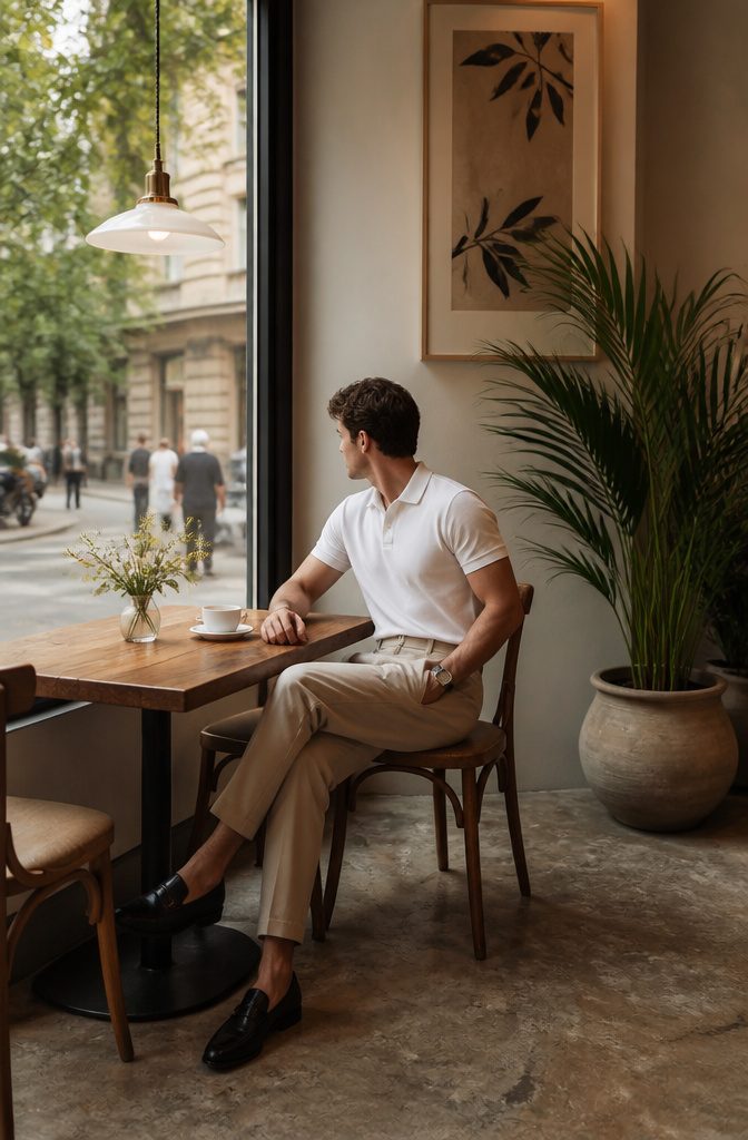A model wearing a tucked polo shirt with tailored trousers.