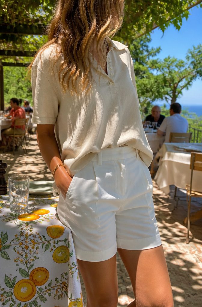 A model in a light linen polo shirt on a terrace.