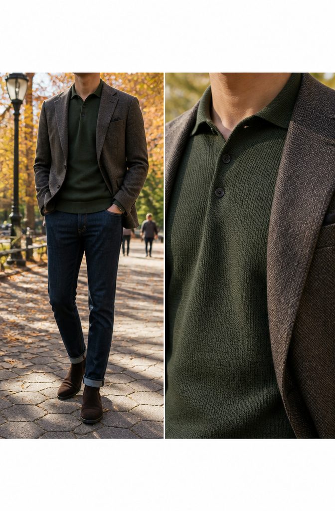 A model transitioning from summer to fall with a polo.