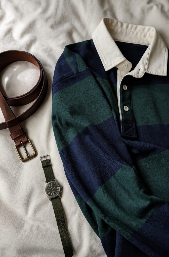 Details of a rugby shirt outfit featuring a belt and watch.