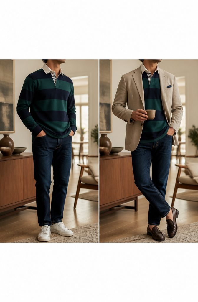 Individual wearing a rugby shirt styled for different occasions.