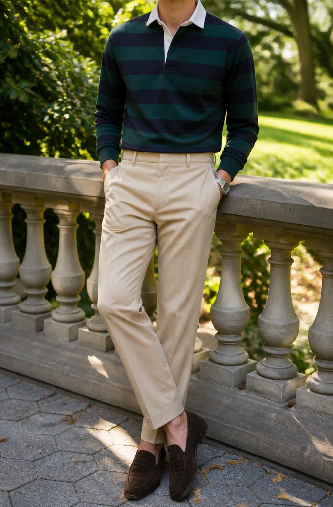 Person wearing a rugby shirt tucked into tailored chinos in a park.