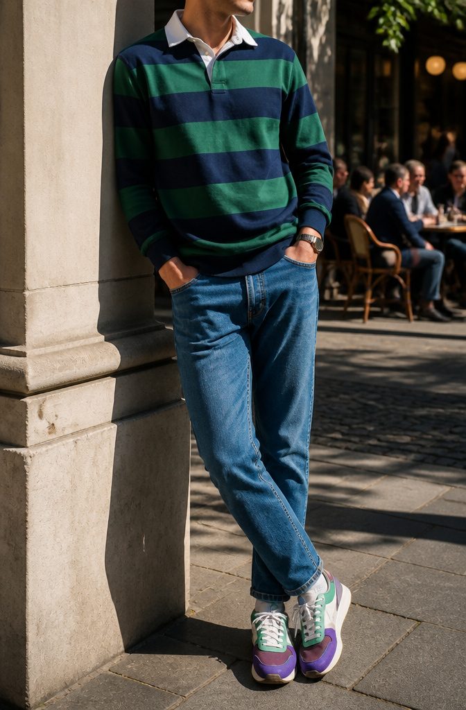 Individual wearing a striped rugby shirt with blue denim jeans.