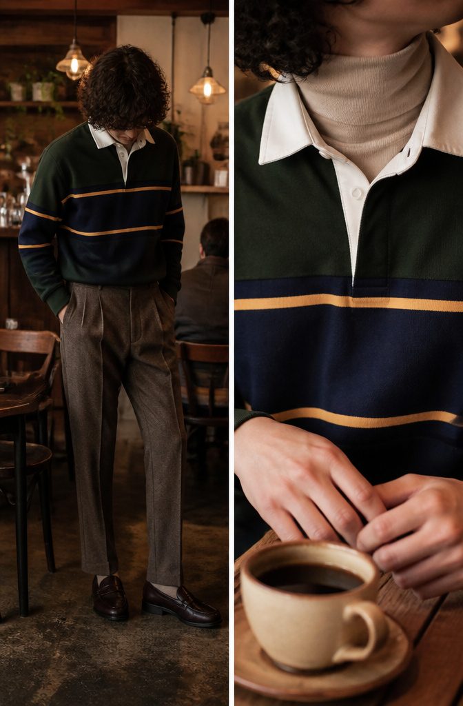 Individual showcasing a rugby shirt layered over a turtleneck.