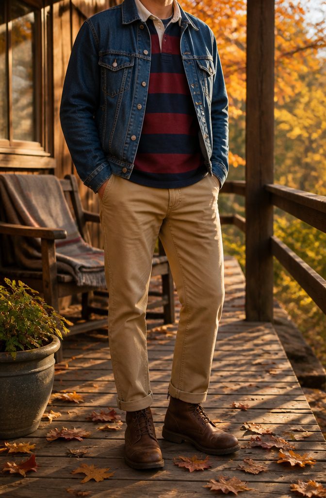 Individual wearing a rugby shirt under an unbuttoned denim jacket.