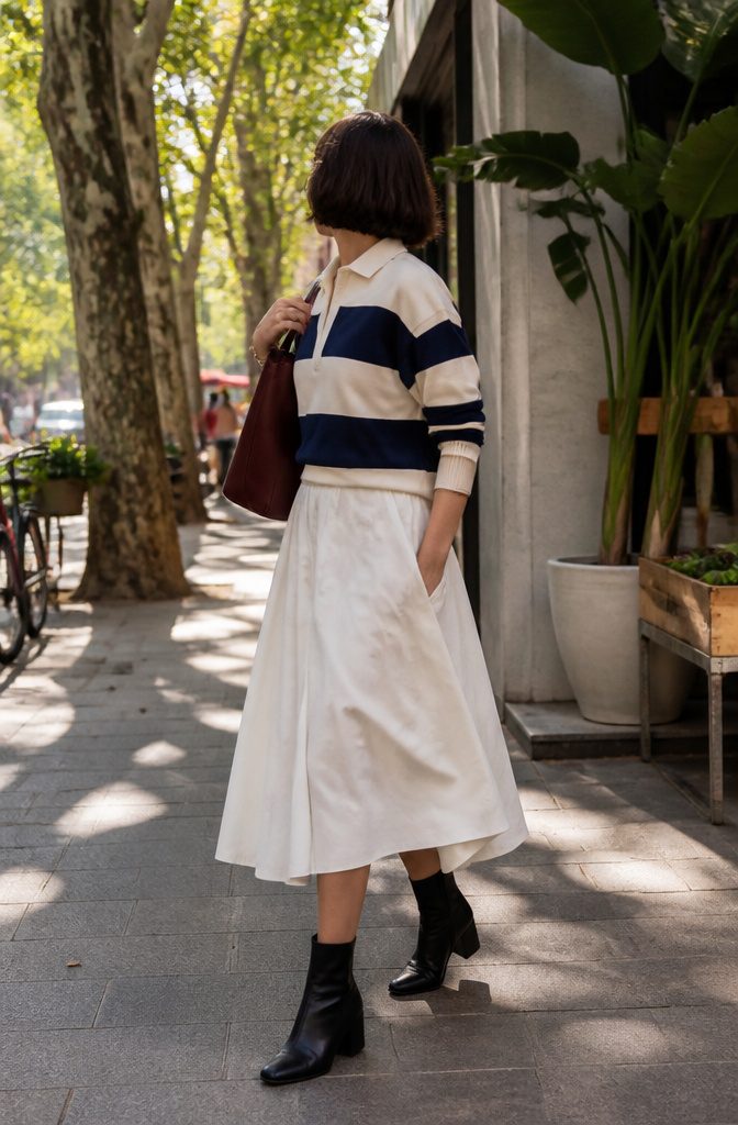 Person wearing a rugby shirt paired with a pleated midi skirt.