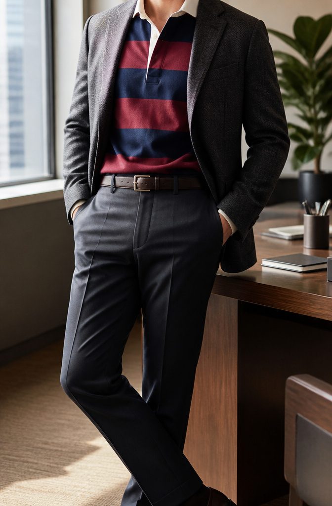Individual showcasing a rugby shirt with tailored trousers in an office.