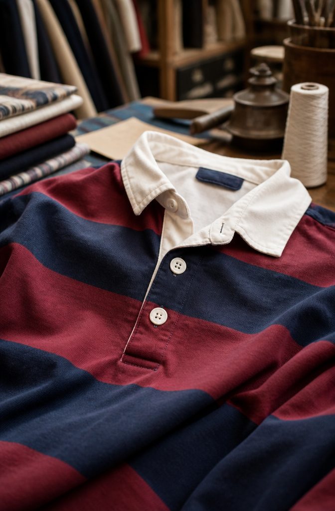 Detailed view of a rugby shirt's fabric and buttons.