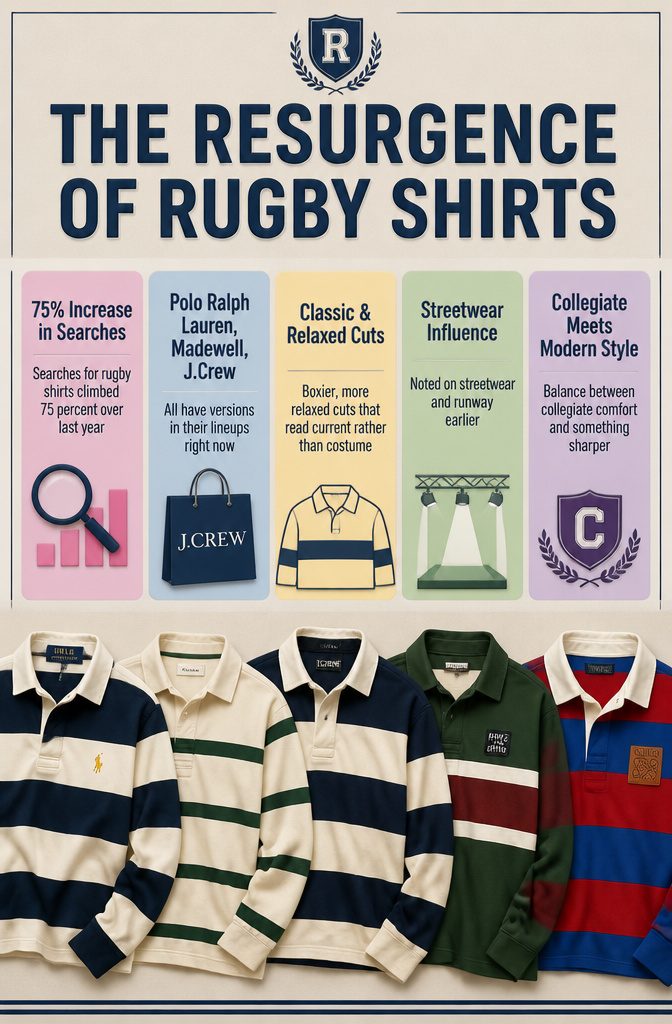 Infographic showing the popularity of rugby shirts in fashion.