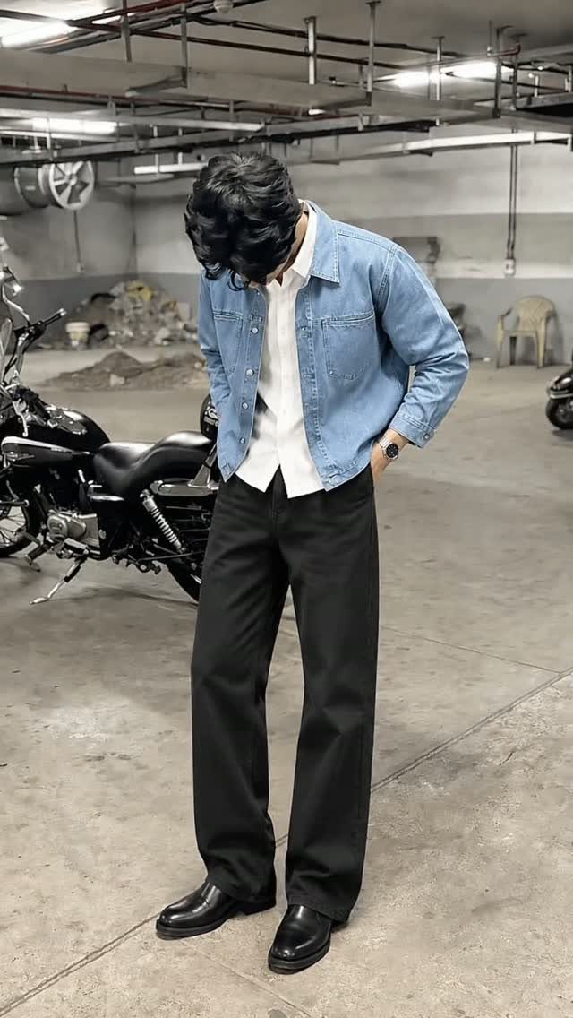 A person wearing a light blue denim jacket over a white button-up shirt and black trousers.