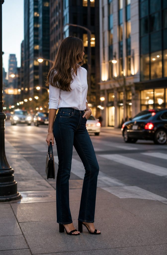 Model wearing a fitted white shirt tucked into dark jeans.
