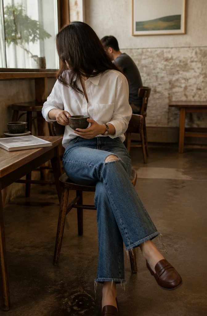 Model wearing a white shirt with slightly distressed jeans.