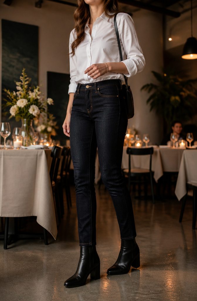 Model in a white shirt and jeans with pointed heels.