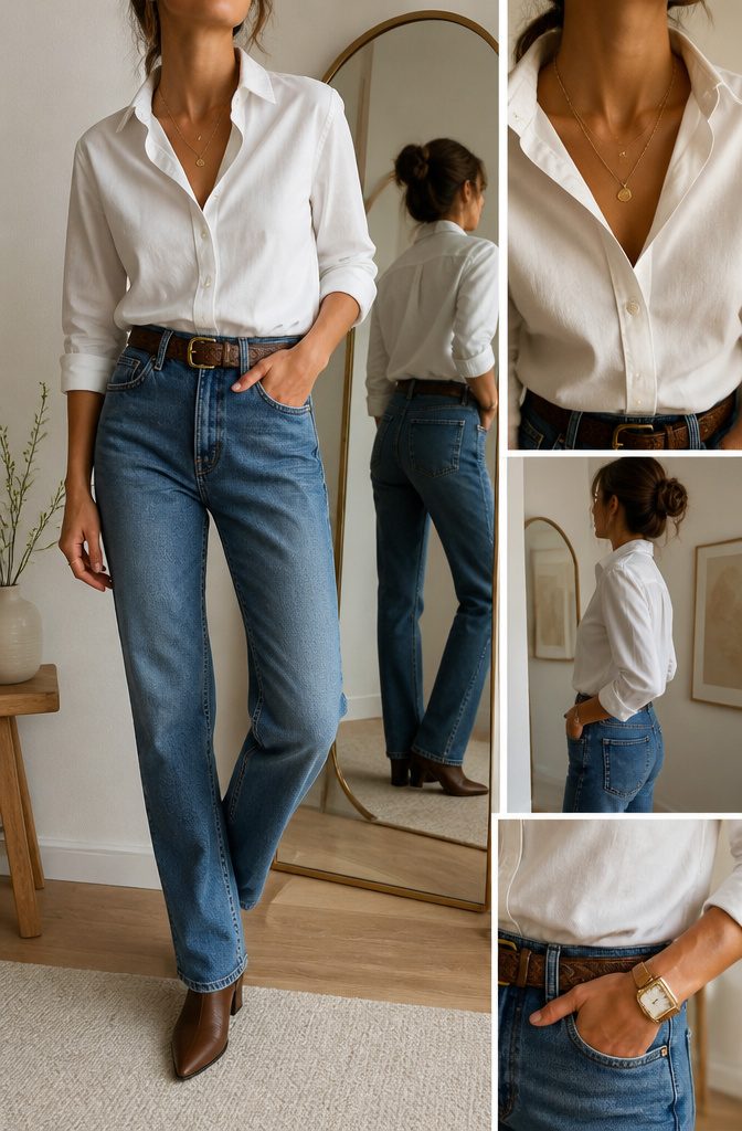 White shirt and jeans styled with layered necklaces and a belt.