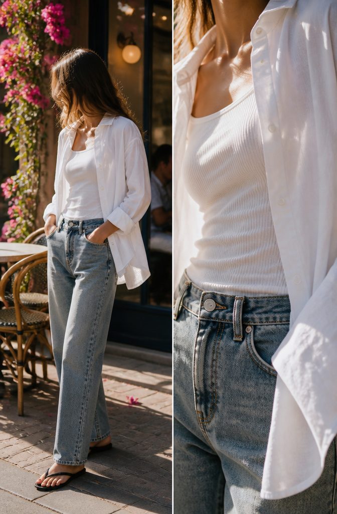 White shirt worn open over a fitted tank top with jeans.