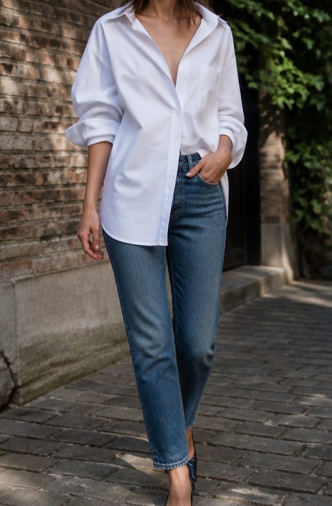 Oversized white shirt paired with straight-leg jeans.