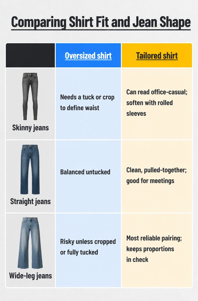 Visual comparison of shirt fit and jean shape.