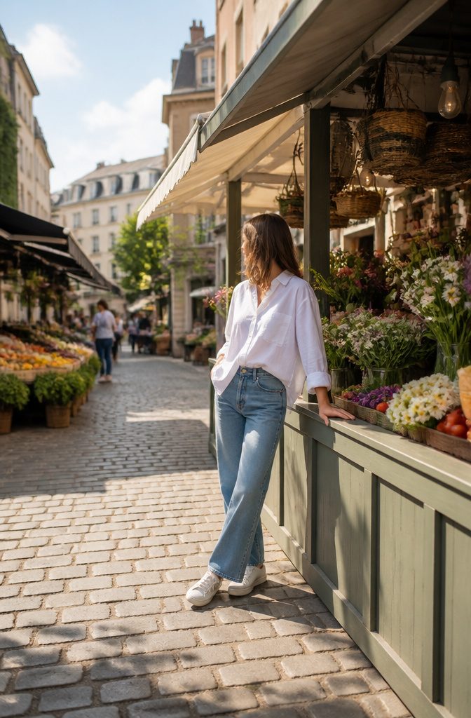 Model wearing white sneakers with jeans and a white shirt.