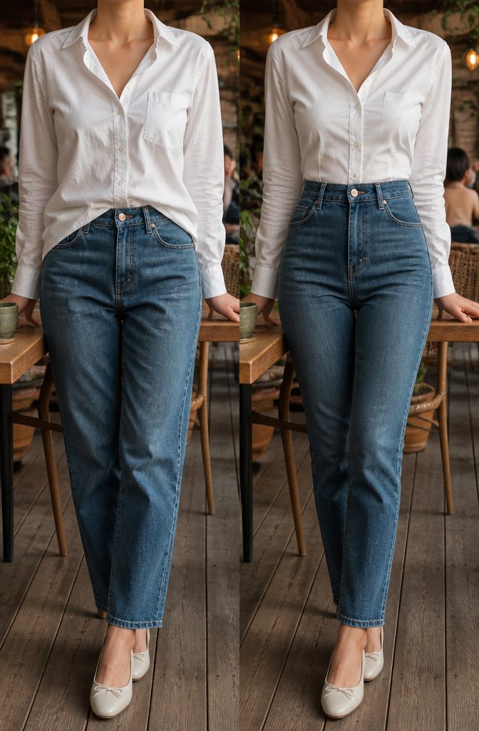 Fitted white button-up shirt tucked into high-waisted jeans.