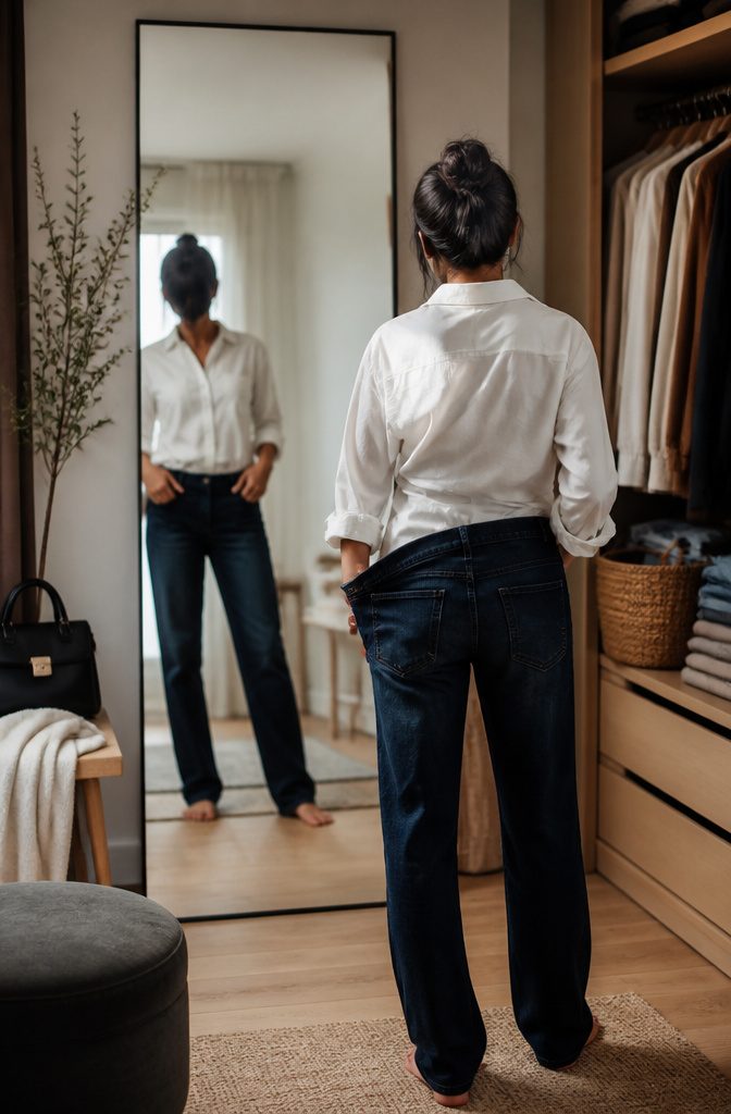 Model in front of a mirror wearing a white shirt and dark jeans.