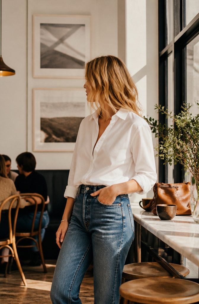 Model in a café wearing a white shirt and jeans.