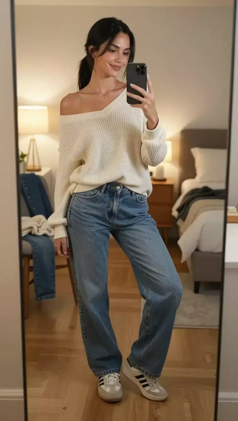 Woman in a cream sweater and blue jeans posing for a mirror selfie in a bedroom.