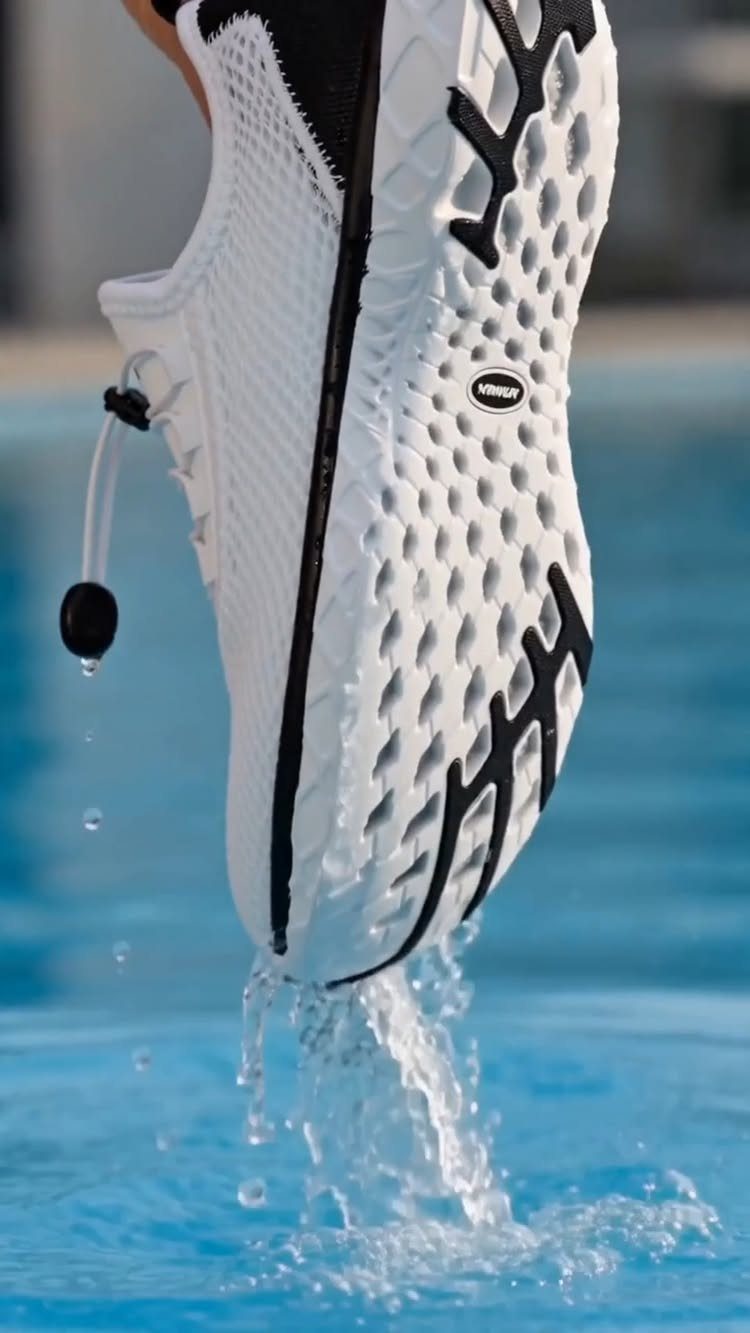 A white mesh water shoe splashing out of bright blue water with droplets flying.