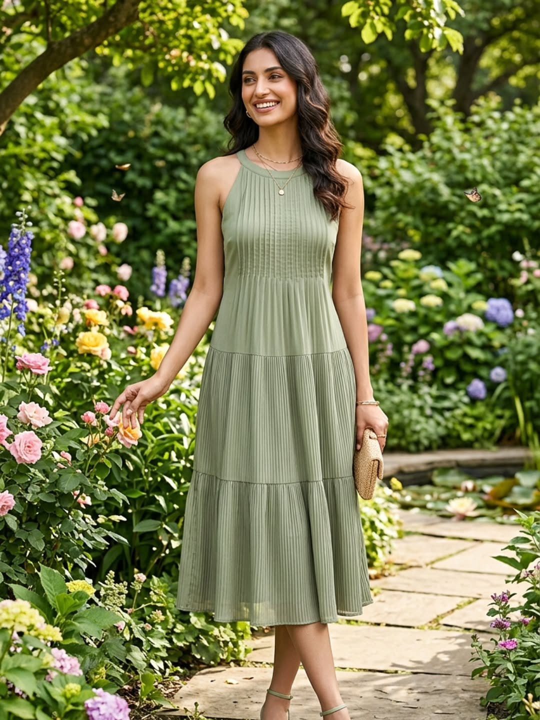 A woman in a sage green tiered midi dress standing in a blooming garden.