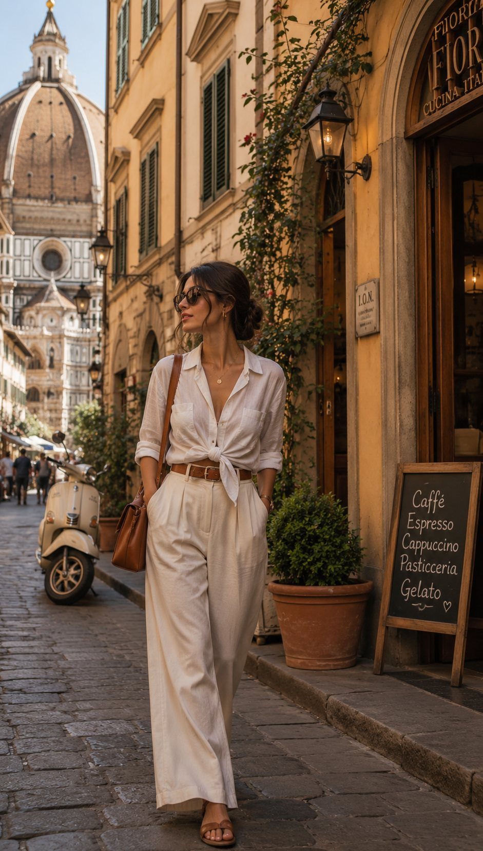 Woman in effortless white linen outfit walking through a historic Italian street with a cathedral dome.