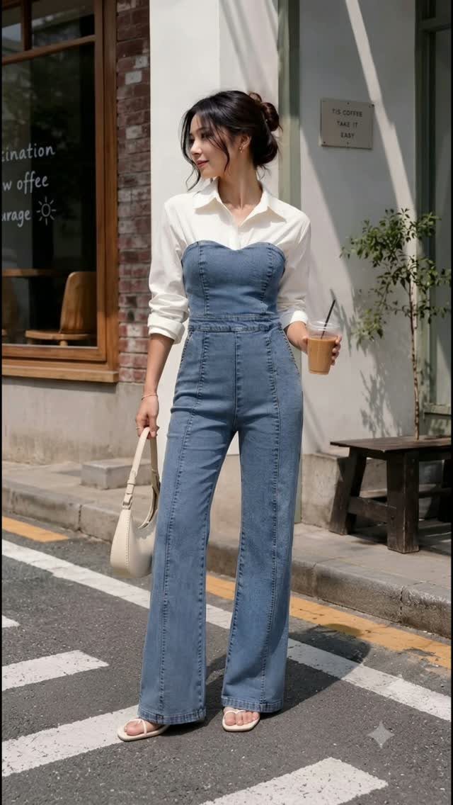 Woman in denim overalls and white shirt standing on a city street holding a drink.