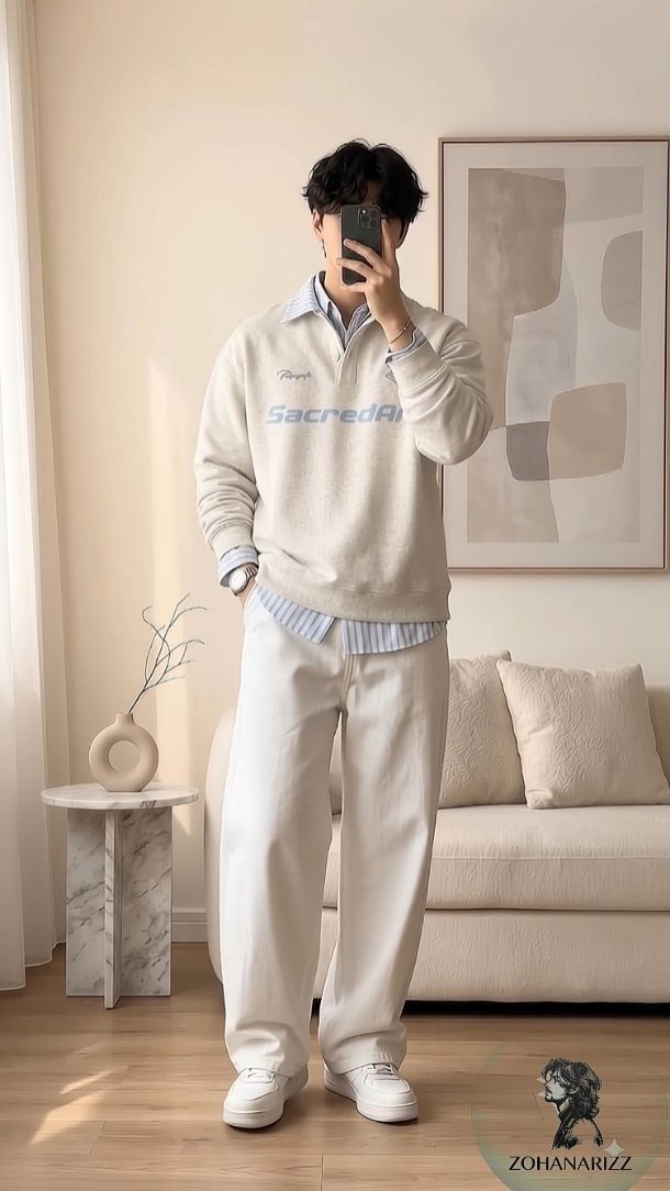 Man in cream sweatshirt and white trousers posing in a minimalist room.
