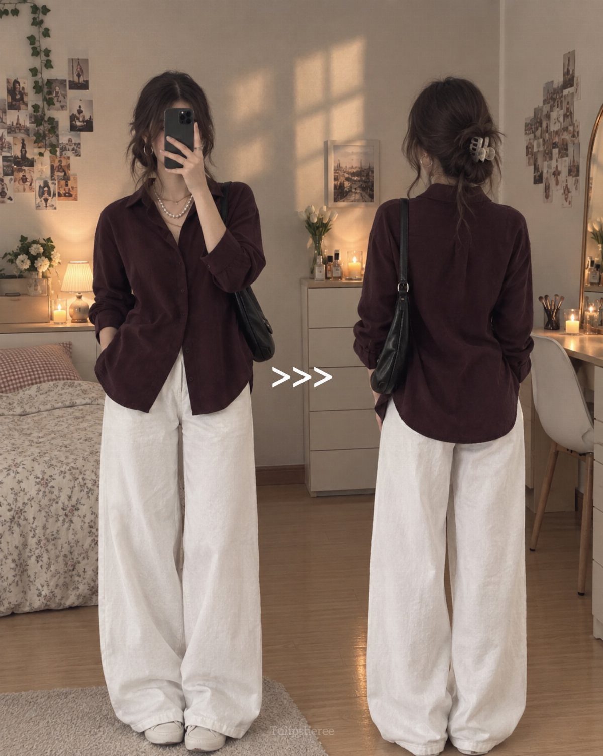 Woman wearing a maroon shirt and wide-leg white trousers standing in a bedroom.