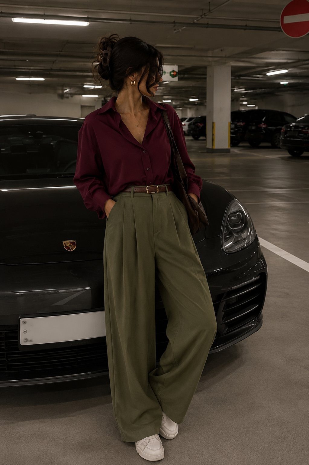 Woman in olive green wide-leg pants and a maroon dress shirt leaning against a car.