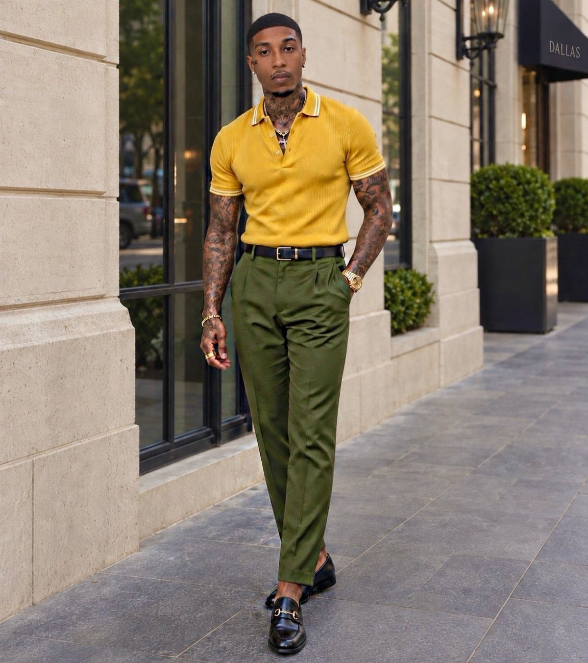 Man wearing a mustard yellow polo shirt and olive green pants standing on a city sidewalk.