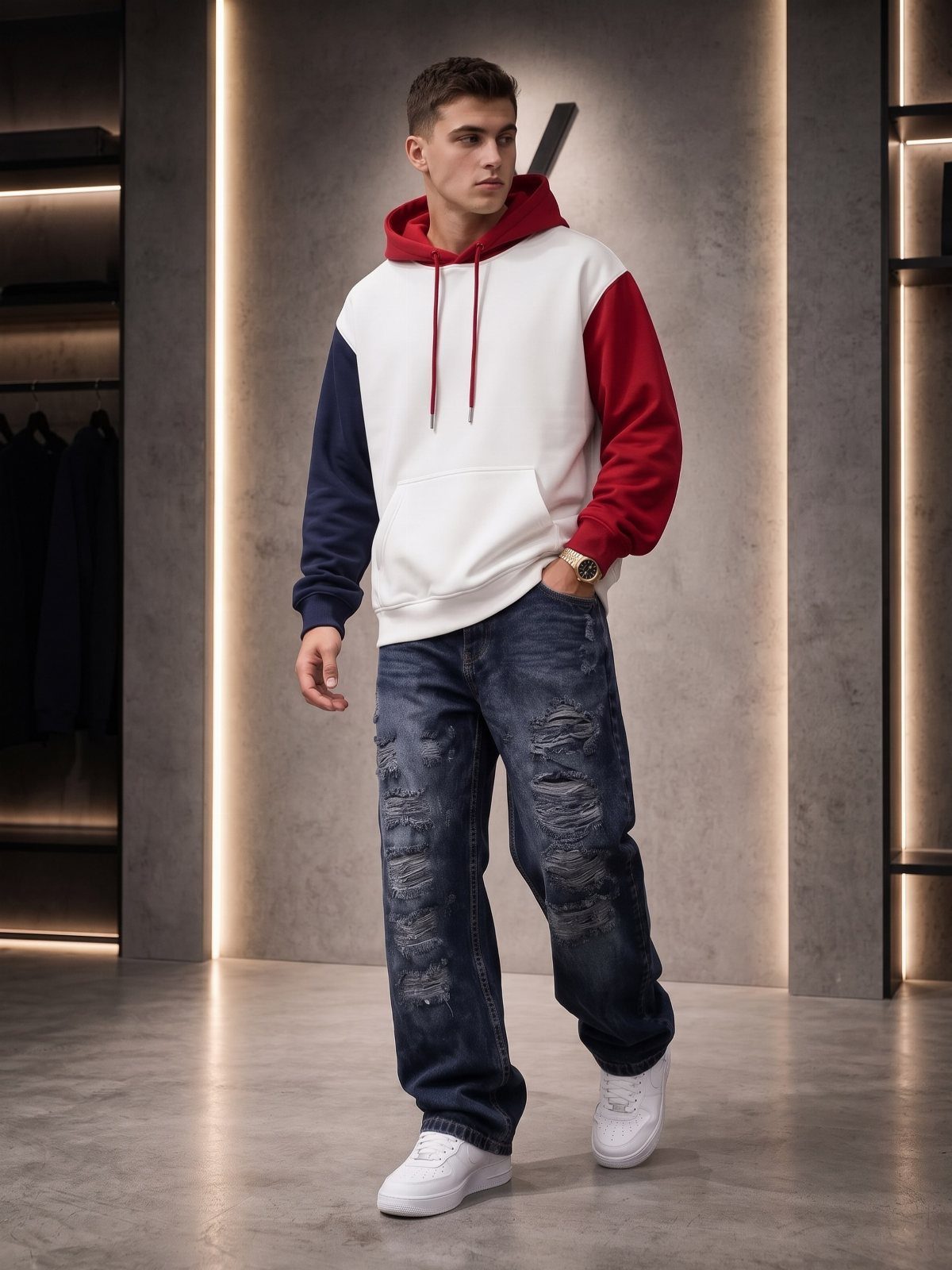 A man wearing a color-blocked hoodie and ripped blue jeans with white sneakers.