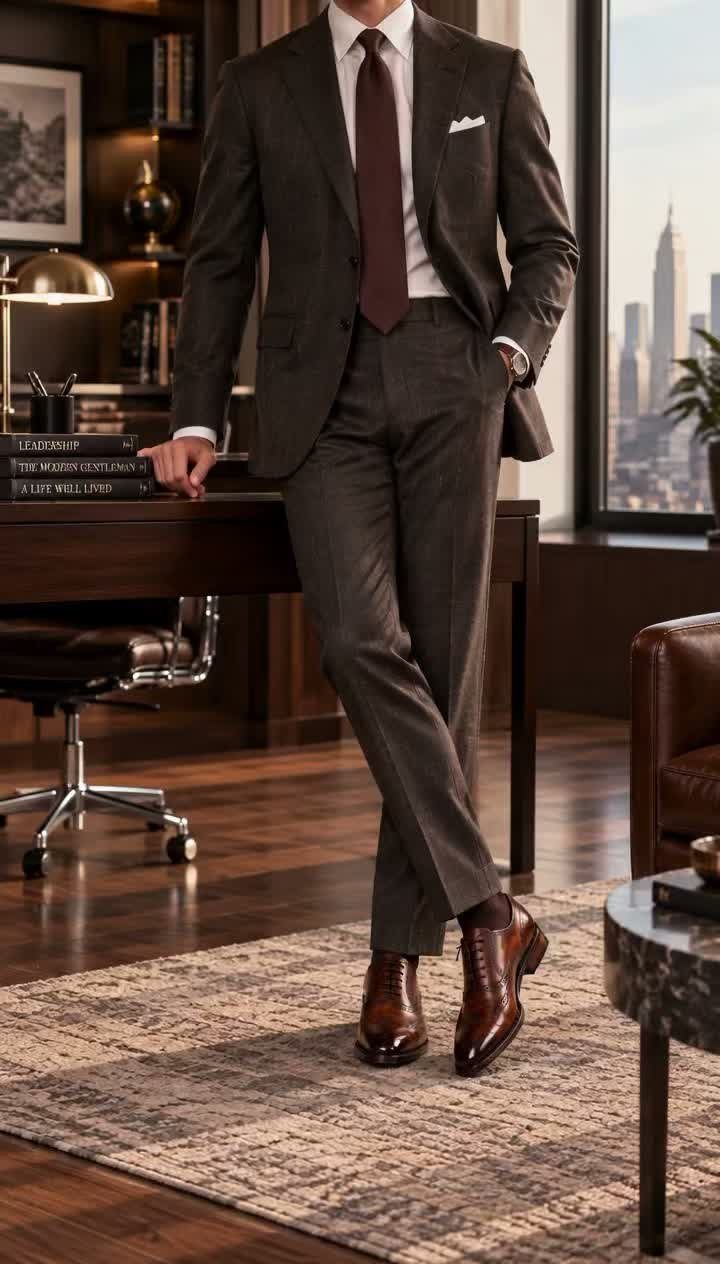 Man in a dark brown tailored suit and brown leather oxford shoes standing in a luxury office.