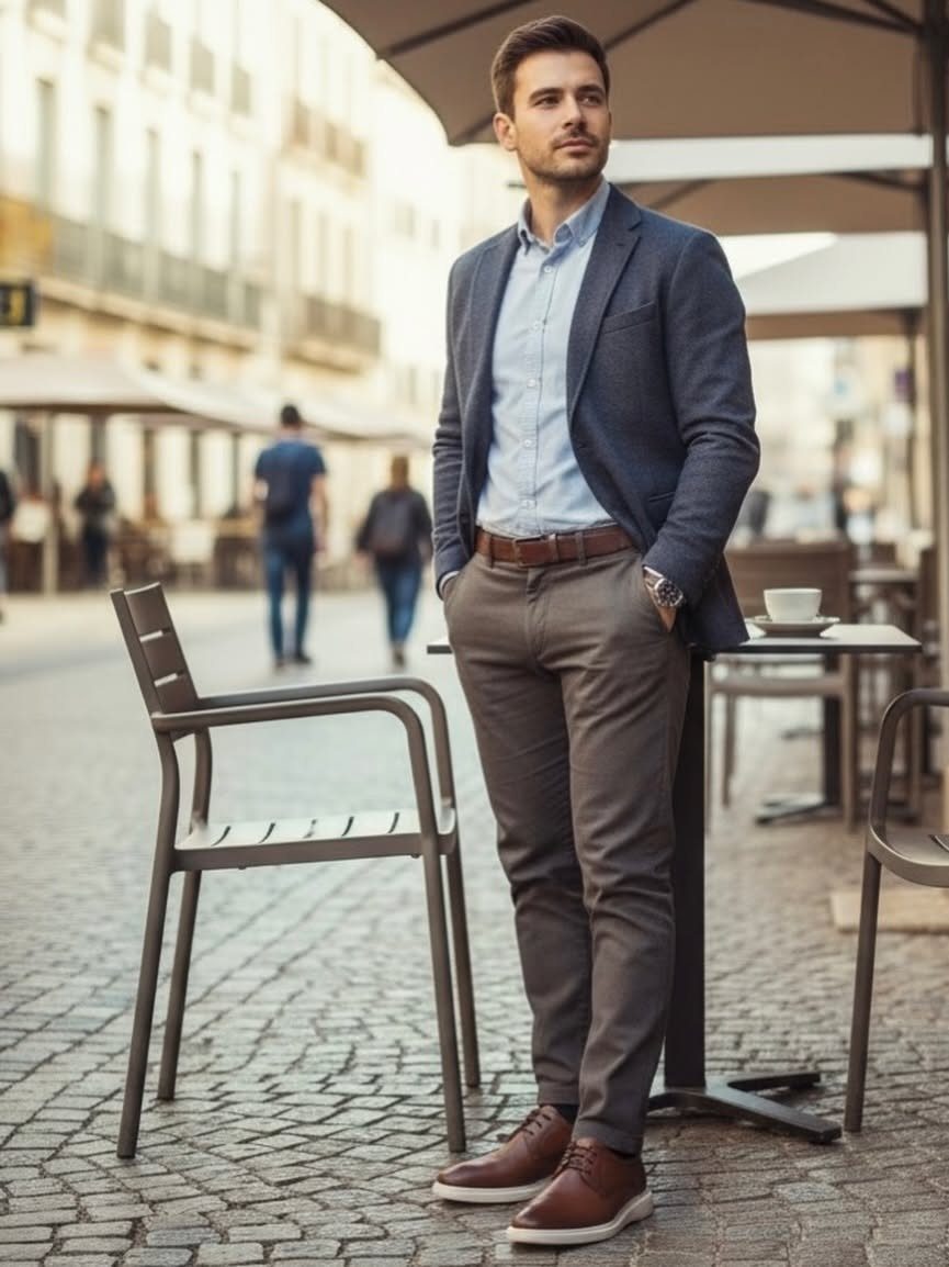 Man in a navy blazer, light blue shirt, grey trousers, and brown leather oxford shoes standing outdoors.