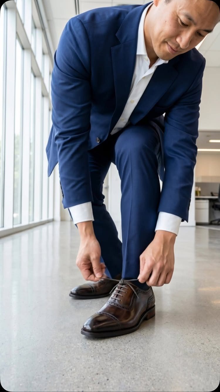 A man in a blue suit bending down to tie his dark brown leather oxford shoes.